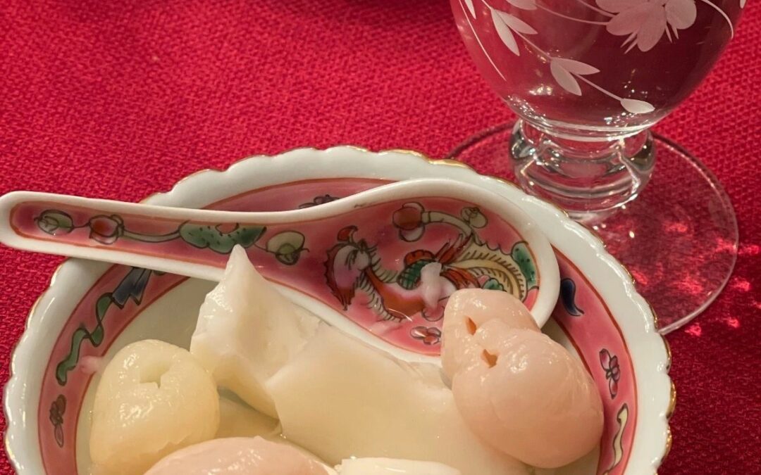 Almond Jelly with Lychees in Syrup